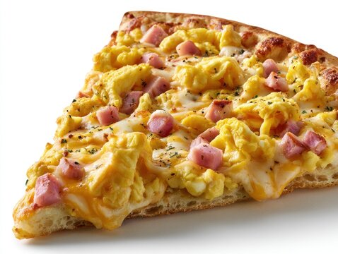 Scrambled egg and ham pizza slice with melted cheese and herbs