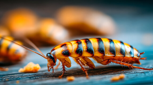 Detailed insect snapshot, An intricate macro image of striped cockroach on wood surface