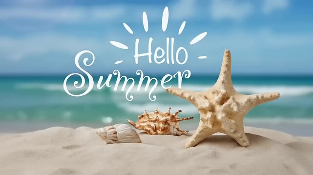 Bright summer beach scene with starfish and seashells on sand.