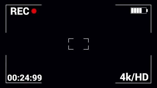 Camera recording screen overlay with alpha channel, Illustrated frame of the video camera screen in 4k resolution on transparent background.
