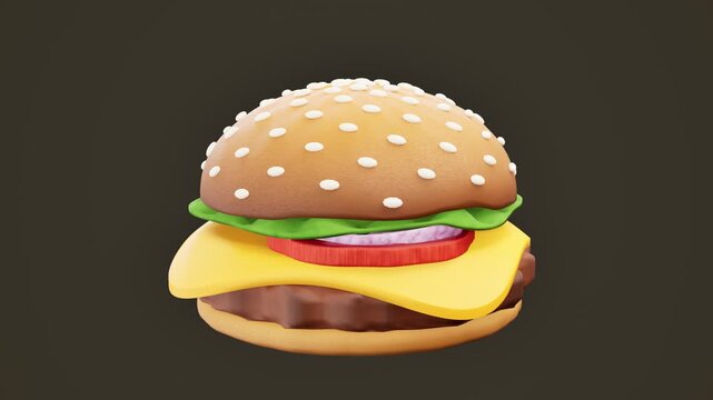 Cheeseburger on dark brown background with sesame bun cheese tomato lettuce and grilled beef patty. 3d rendering