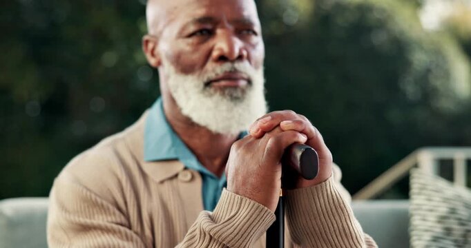 Thinking, walking stick and senior man outdoor at house with reflection, nostalgia or memory. Remember, wooden cane and elderly African person with planning for retirement or pension in backyard.