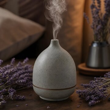 Ceramic essential oil aroma diffuser emitting gentle vapor mist next to fresh purple lavender flowers in cozy bedroom interior setup for aromatherapy relaxation and mental wellness