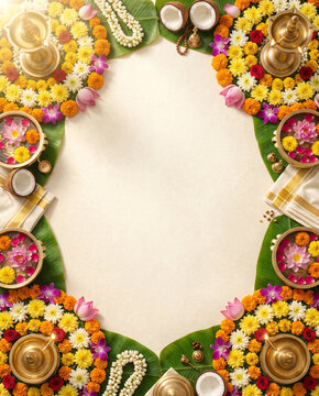 Onam, Pongal traditional Kerala cultural festival banner flyer poster background with handcrafted brass oil lamps, jasmine garlands, floral decorations and copy space illustration