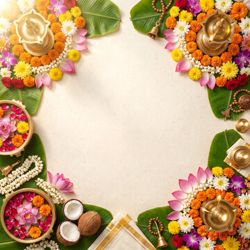 Onam, Pongal premium Kerala heritage festival banner flyer invitation background with Pookalam flowers, brass vessels and copy space illustration