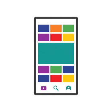 Stylized illustration of a smartphone screen displaying a colorful mobile application interface with content blocks and navigation icons.