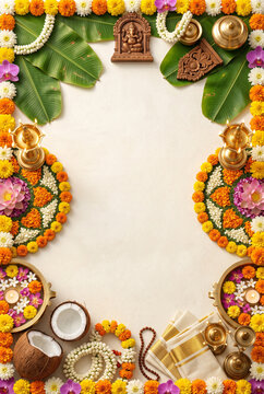 Onam, Pongal authentic Kerala festival invitation banner flyer background with Pookalam floral arrangement, brass lamps, banana leaves and copy space illustration