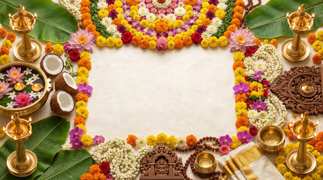 Onam, Pongal luxury South Indian festival invitation banner flyer poster background with brass Nilavilakku, Pookalam, Uruli bowl, banana leaves and copy space illustration