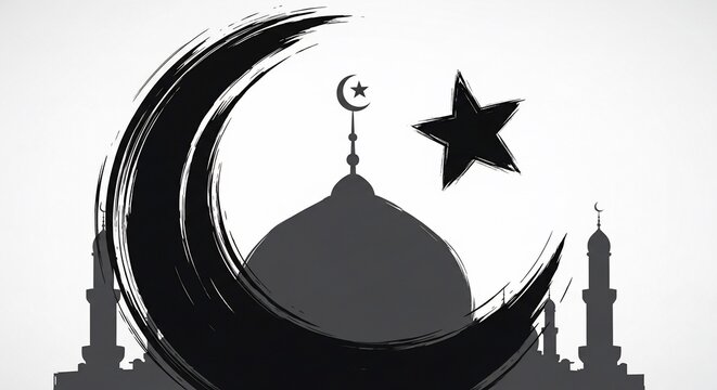 Celestial Embrace: Crescent Moon and Star above a Silhouetted Mosque