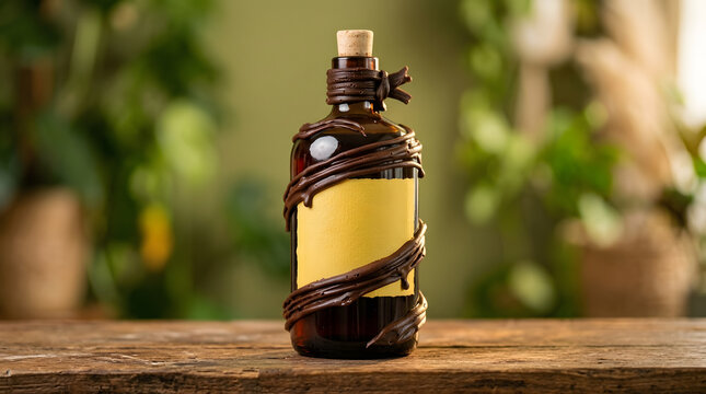 Rustic bottle with blank label wrapped in decorative vines on wooden table