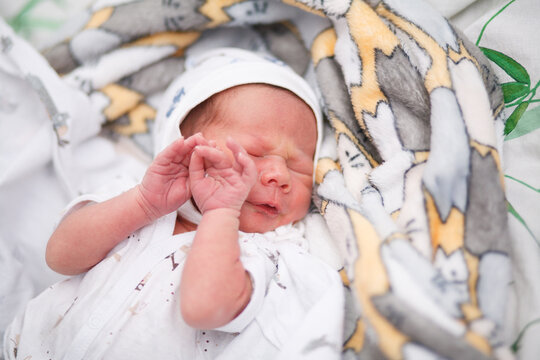 Newborn Boy Peacefully Resting in a Maternity Hospital, Wrapped in a Cozy Blanket