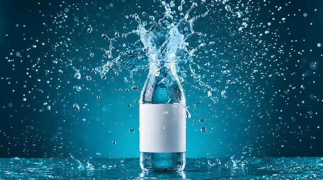Glass bottle of pure water with dynamic splashes on dark blue background