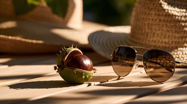 Sonnenbrille und Strohhut mit Haselnuss im warmen Sonnenlicht