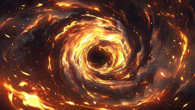Abstract background featuring a swirling vortex of bright orange fire and dark smoke.