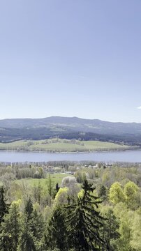 Scenic panoramic view of Lake Lipno from the Dobr&aacute; Voda Observation Tower near Horn&iacute; Plan&aacute; in the &Scaron;umava National Park, Czech Republic. A breathtaking landscape of the largest Czech reservoir.