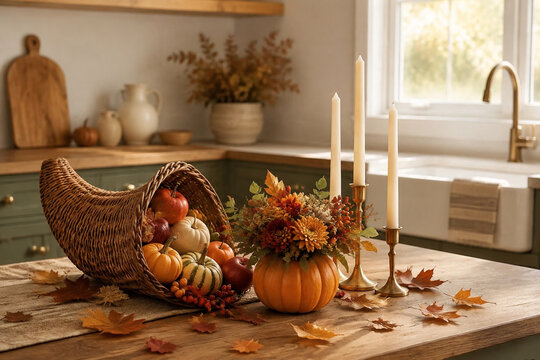 Cornucopia, small pumpkin centerpiece, taper candles and autumn leaves on kitchen island, Thanksgiving decor concept