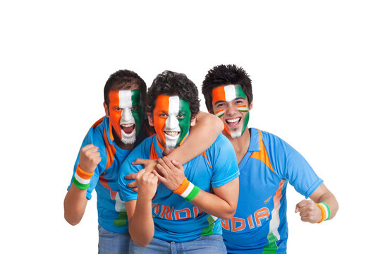 Excited male cricket supporters with cheering