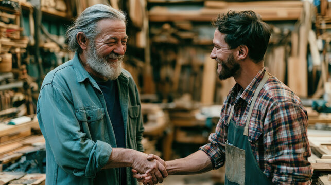 Two men shake hands in a bustling woodshop