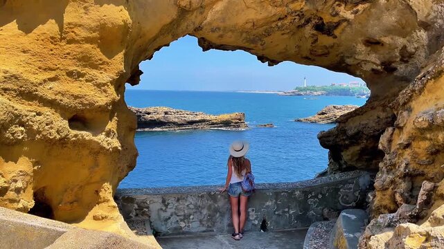 woman tourist wearing hat looking through natural rock arch at ocean and biarritz lighthouse in france