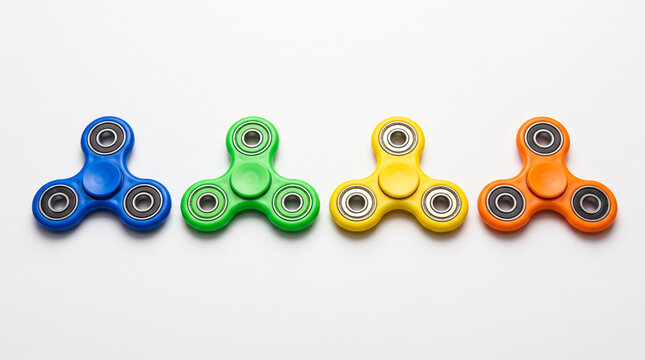 Four Colorful Fidget Spinners Arranged in a Row