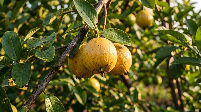 Ripe yellow guava fruits hanging on a tree branch in a sunny tropical orchard garden
