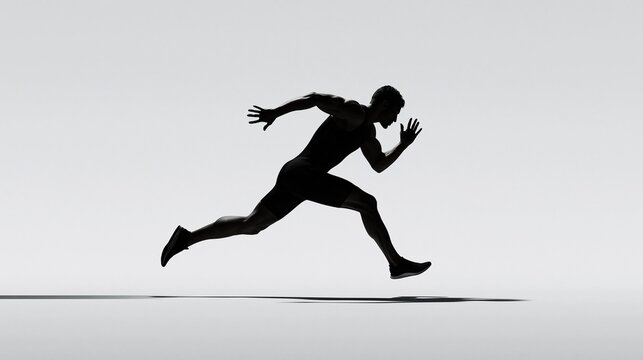 Runner silhouette leaping in profile against a white background
