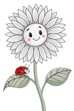 Smiling sunflower with ladybug on green leaves