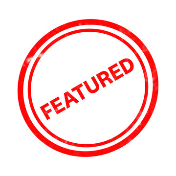Featured red rubber stamp icon, round ink seal with grunge texture, circular promotional watermark for marketing and product highlights