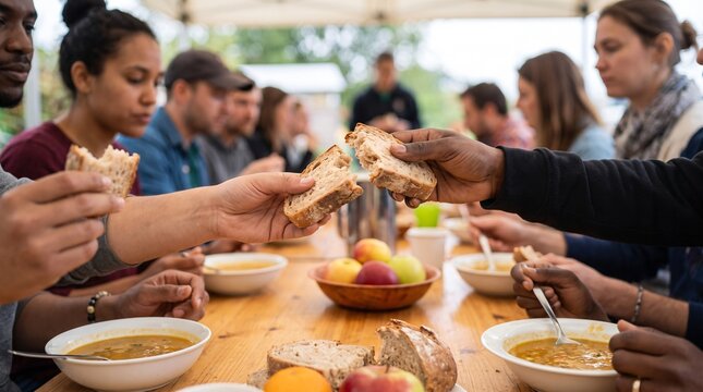 Diverse People Sharing Bread and Soup Together at Outdoor Community Table
