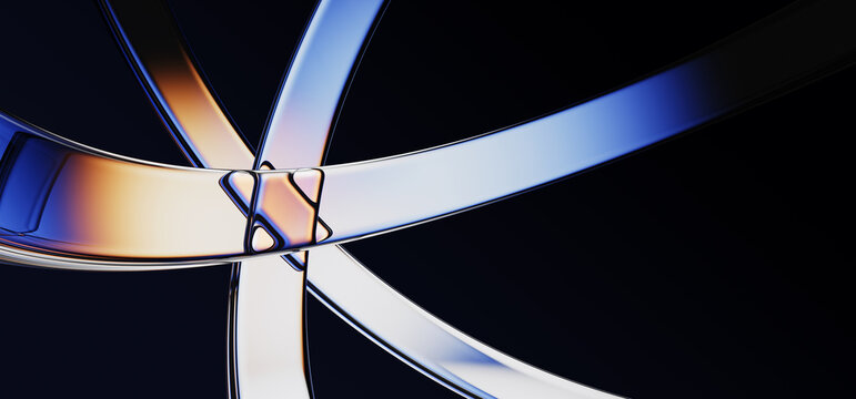 Abstract 3D neon glass curved ribbons with gold and blue gradient texture, light refraction on dark render background. Transparent holographic lines in star shape. Modern tech design