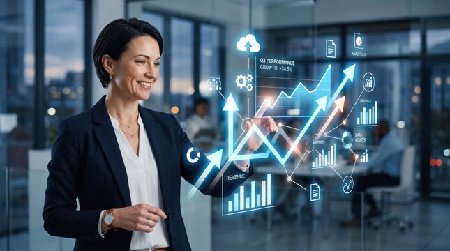 Professional businesswoman analyzing holographic financial growth charts and data metrics in modern office, corporate success concept.