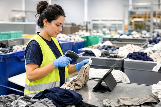 Sustainability reuse circular economy textile recycling worker in warehouse inspecting cloth with scanner and tablet