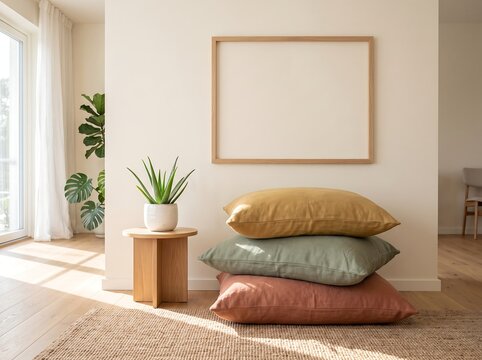 A minimalist living room corner featuring a stack of textured linen throw pillows on a rug, a small wooden side table with a potted succulent, and a blank wooden picture frame on a cream-colored wall.