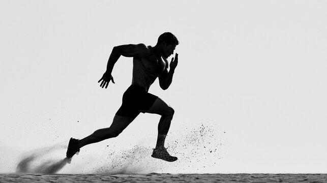 Silhouette of an adult runner sprinting through sand