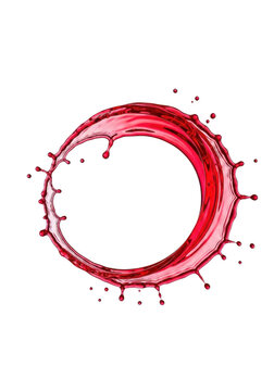 A circular splash of red liquid forming a ring shape with dynamic droplets flying outwards isolated on transparent background