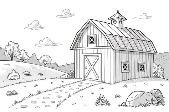 Rustic wooden barn with cross ventilation doors in a rural landscape