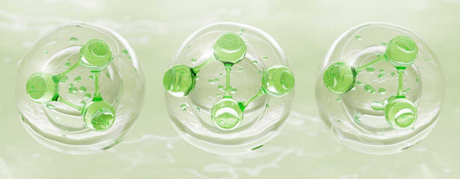 Green collagen drops 3d set with molecule inside. Bio cosmetic liquid balls of PDRN peptide serum, aloe vera gel, olive oil cleanser, herbal skin care cream. Biotech lab research