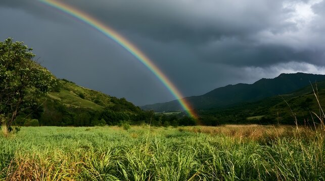A vibrant rainbow arcs across a stormy sky above rolling green hills and tall grasses in a tranquil natural landscape