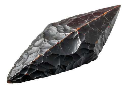 Sharp black obsidian stone spearhead tool isolated on white background isolated on transparent background