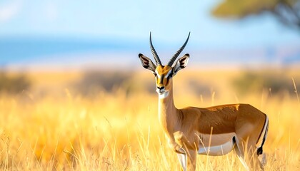 Naklejka premium African antelope standing in golden savanna grass.