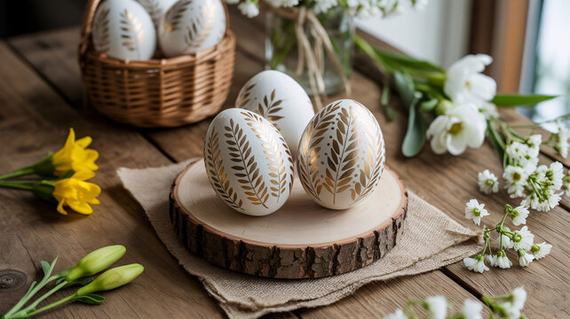 Easter eggs painted with metallic gold foliage motifs are arranged on a wooden coaster next to fresh flowers.