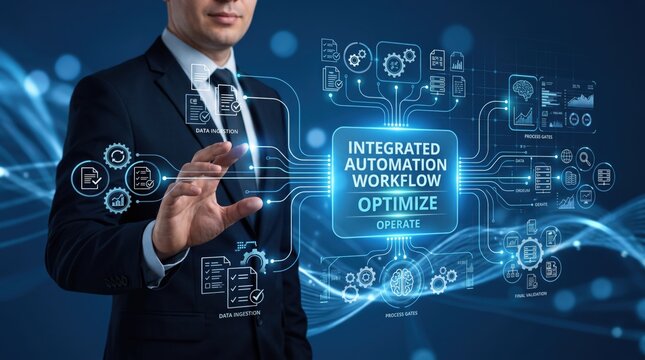 Businessman using futuristic interface to manage integrated automation workflow, optimize operations, data ingestion, and process gates for digital transformation efficiency.