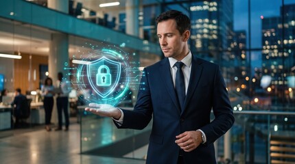 Fototapeta premium Businessman holding futuristic hologram shield with lock icon, representing cybersecurity data protection and privacy technology in modern office building with city skyline