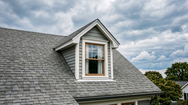 Dormer window on a gray shingled residential house roof