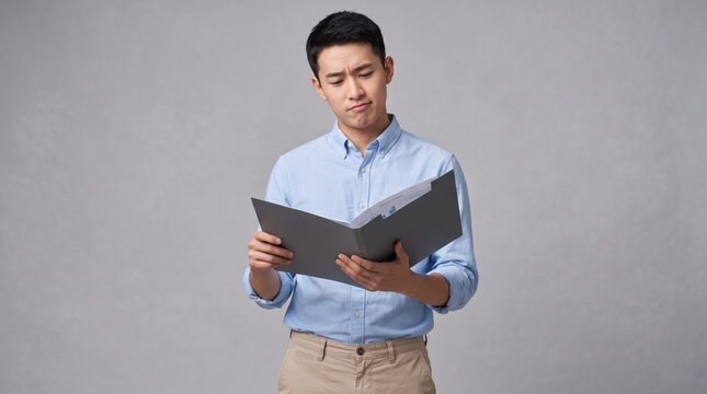 Confused young Asian man reading document in folder with puzzled expression, representing uncertainty, difficulty understanding information, or decision making challenges