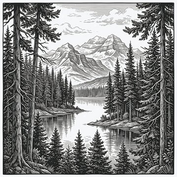 Serene Forest Lake with Mountain Reflections - Black and White Woodcut Engraving