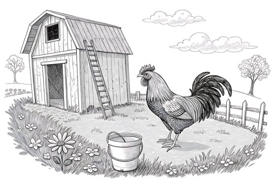 Rooster standing near rustic wooden chicken coop in a grassy field
