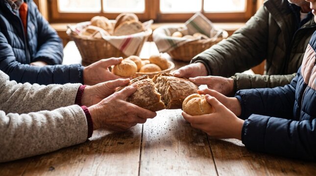 People Breaking and Sharing Bread Together at Rustic Wooden Table