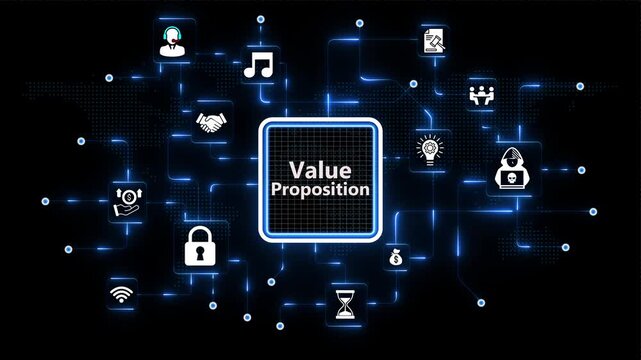 Value Proposition strategy layout with corporate icons on glowing blue circuit lines across dark deep space technology background backdrop.