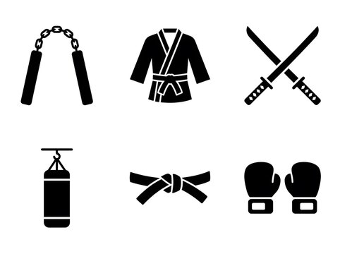 A collection of black silhouette icons representing various martial arts equipment and traditional training gear including weapons clothing and protective sports fighting accessories